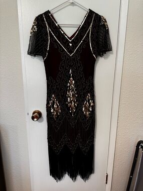 Beaded Red & Black Fringe Beaded 20’s Inspired Flapper Dress